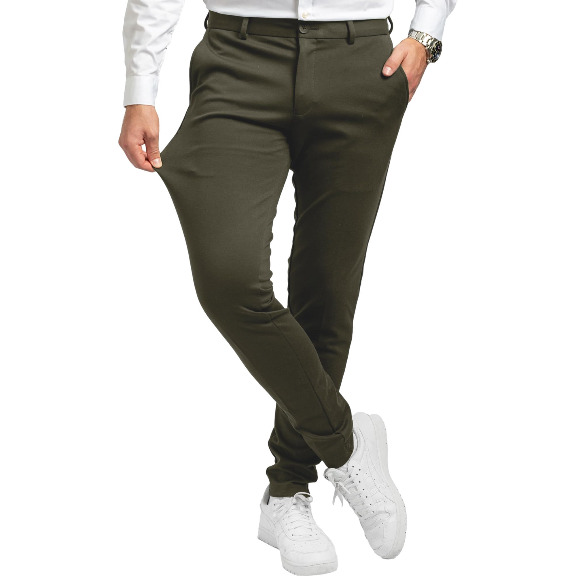 Performance Pants Men's Slim Fit Stretch Trousers Green M 32x34