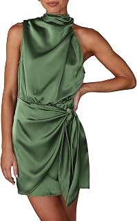 PRETTYGARDEN Ladies Short Dress Formal Satin 2023 Summer Sleeveless Neck Tie Waist Cocktail Party Dresses