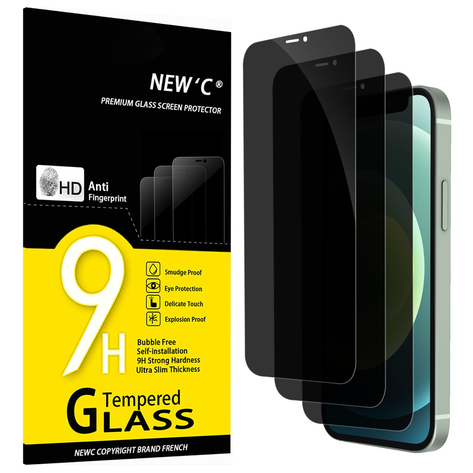 NEW'C 3 Pieces, Privacy Screen Protector for iPhone 12 Mini (5.4 Inches), Privac