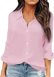 OMSJ Women Button Down Shirts Long Sleeve Chiffon Office V Neck Casual Business Blouses Tops