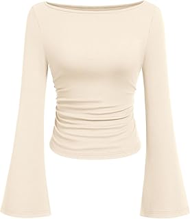 PRETTYGARDEN Womens Bell Long Sleeve Ribbed Knit Tops | Trendy Boat Neck Y2K Cropped Going Out Tops, Ruched Slim Fit Cute Garment Friendly Shirts, Fall Outfits, Fashion Clothing