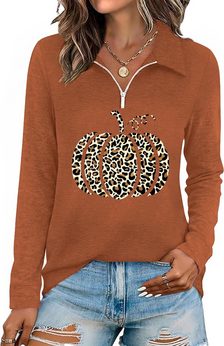 Damen Halloween Thanksgiving Half Zip Langarm Poloshirt Casual Holiday Style Top
