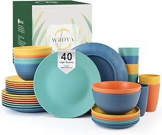 Wrova Plastic Dinner Set 40 PCS - Service for 8 Plates and Bowls Sets Unbreakable Dishes Set - Dinner Plate, Dessert Plates, Cereal Bowls, Cups Microwave and Dishwasher Safe for Camping, School-Multi