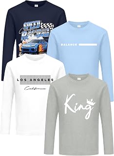 4 Pack Boys Long Sleeve Shirts, Graphic T Shirts for School and Play