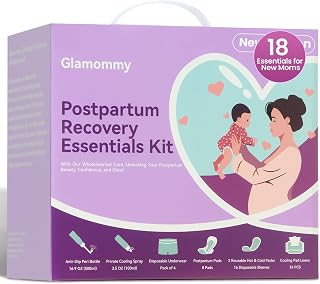 Glamommy Postpartum Recovery Essentials Kit, Labor & Delivery Care for Mom | Includes peri bottle, cooling spray, disposable underwear, postpartum pads, hot & cold packs, soothing liners for postpartum