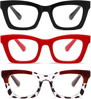 Hubeye 5 Pairs Oprah Style Square Reading Glasses Unisex Blue Light Blocking Glasses with Leather Case Black + Coffee Leopard + Red 50mm (Lens Width)