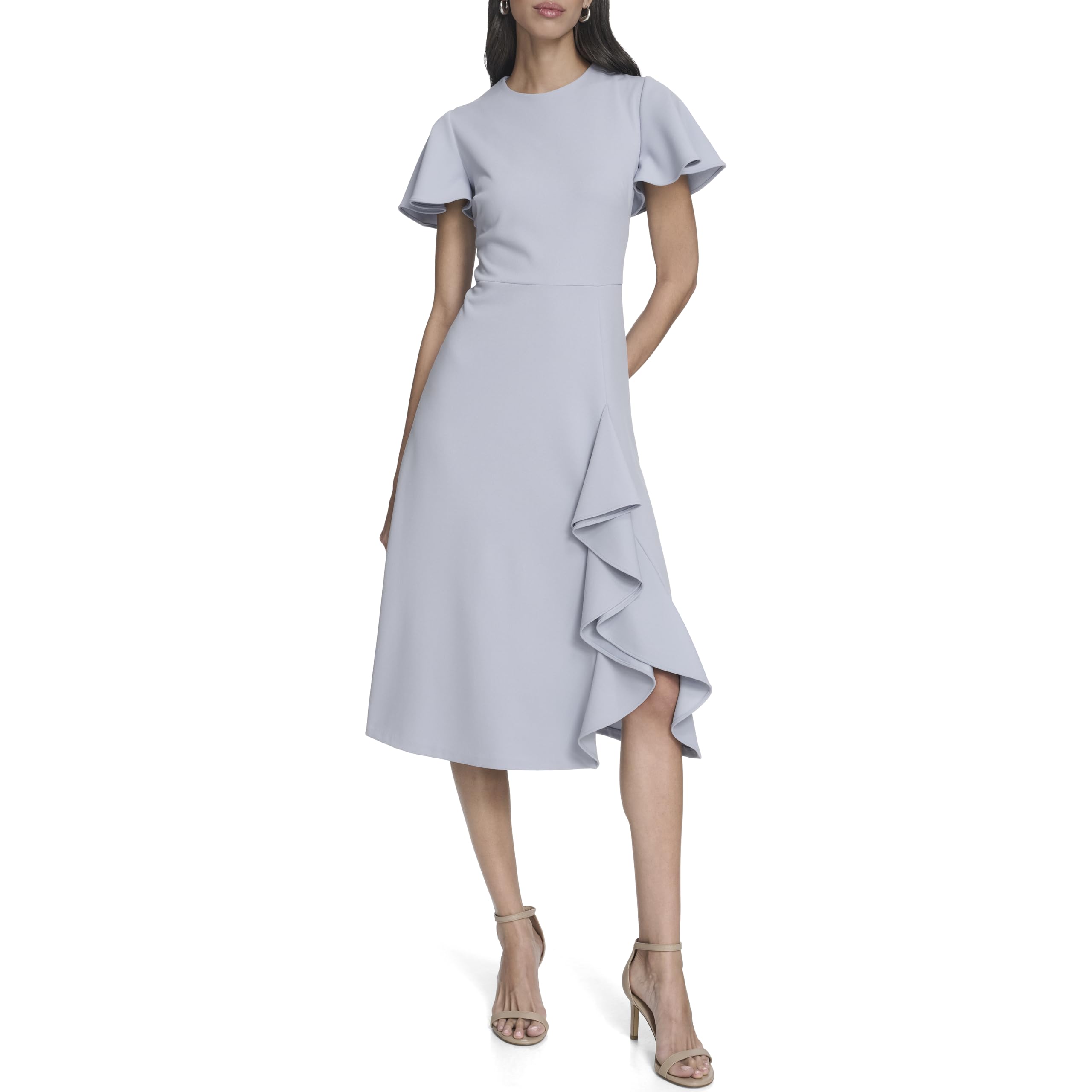 Calvin Klein Women's Shirt Flutter Sleeve Crepe A-line Ruffle Hem Dress