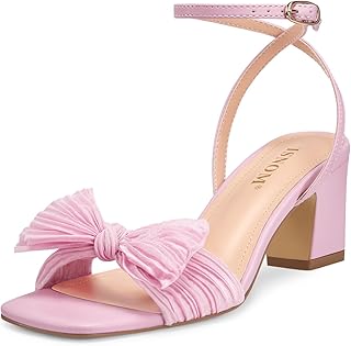 ISNOM レディース ボウノット ヒールサンダル アンクルバックルストラップ オープントゥブロック チャンキーヒール 花嫁 結婚式 パーティー ファッションヒール