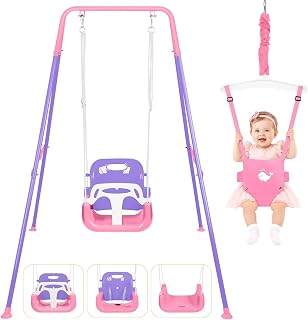 4-in-1 Toddler Swing Set & Baby Jumper and Bouncer for Toddlers, Foldable Baby Swing Stand for Outdoor Indoor Play, Easy to Assemble and Store for Ages 6 Months to 10 Years Old (PurplePink)