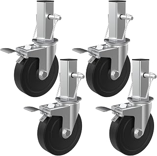 MSWY 5 Inch Scaffolding Casters, Set of 4 Heavy Duty Baker Scaffold Wheels with Dual Locking Brakes, Rubber Casters Square 1-1/4" Stem Replacement for 6ft Baker Scaffold, 440LBS Capacity per Caster