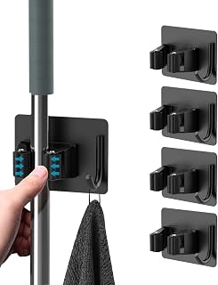 homeasy Mop Broom Holder, Stainless Steel Wall Mounted Rack, 4 Pcs, Black