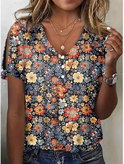 HOTYD Women's Boho Floral Print Ladies Short Sleeve Tops Summer Blouses Dressy Casual V Neck Cold Shoulder Tunic Tops