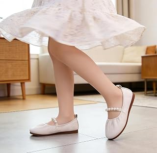Girls Mary Jane Dress Shoes Ballerina Flats Pearl Strap for Wedding Party (Toddler/Little Kid/Big Kid)