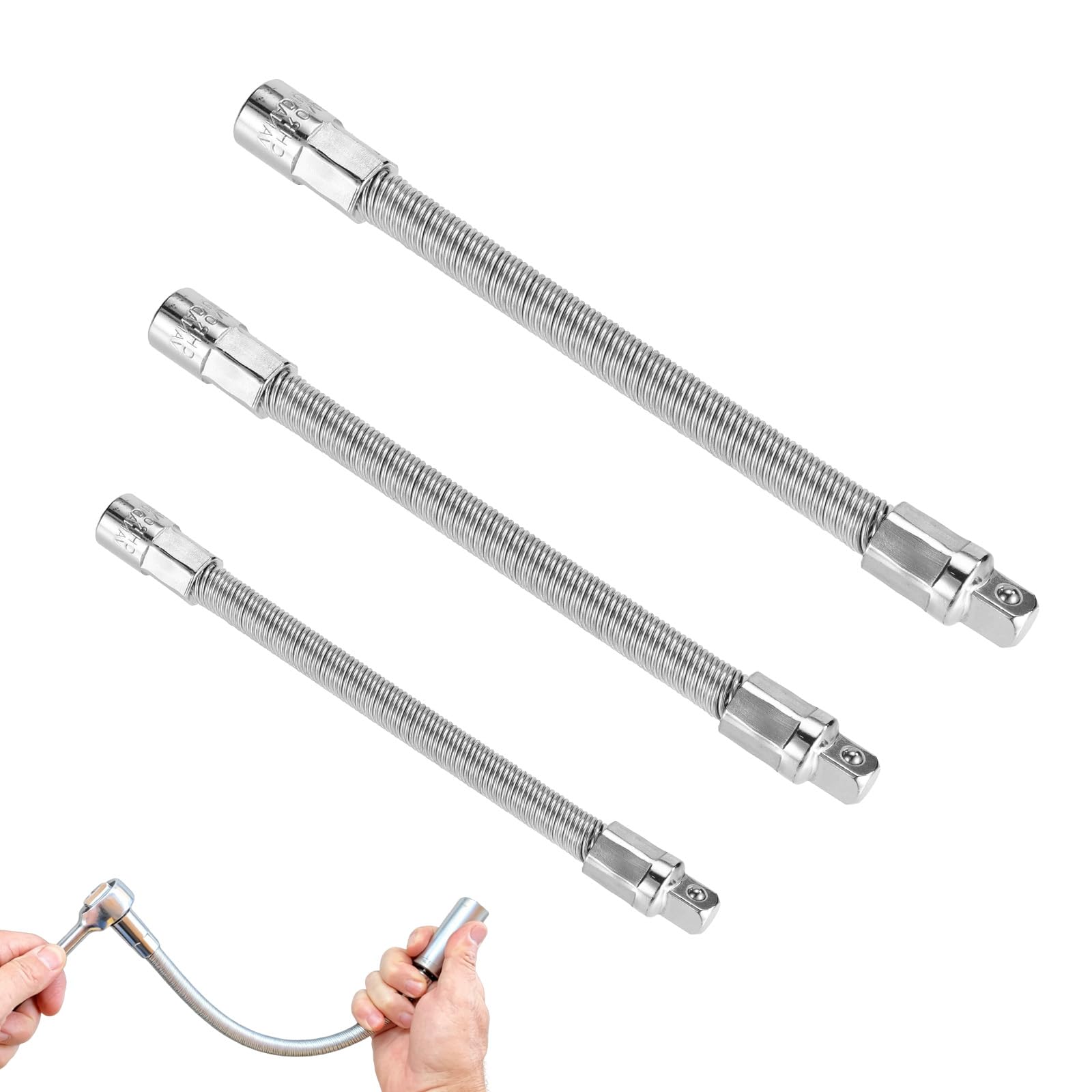 Sinbana 3pcs Flexible Socket Extension | 1/4" 3/8" 1/2" Bendable High Torque Chr