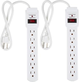 Amazon Basics Surge Protector Power Strip, 6-Outlet with 200J Protection, Circuit Breaker, LED Indicator, On/Off Switch, Wall-Mounting, 2ft Extension Cord, White, 2-Pack