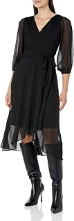 DKNY Women's Chiffon Balloon Sleeve Faux Wrap Midi Dress with High-Low Hem