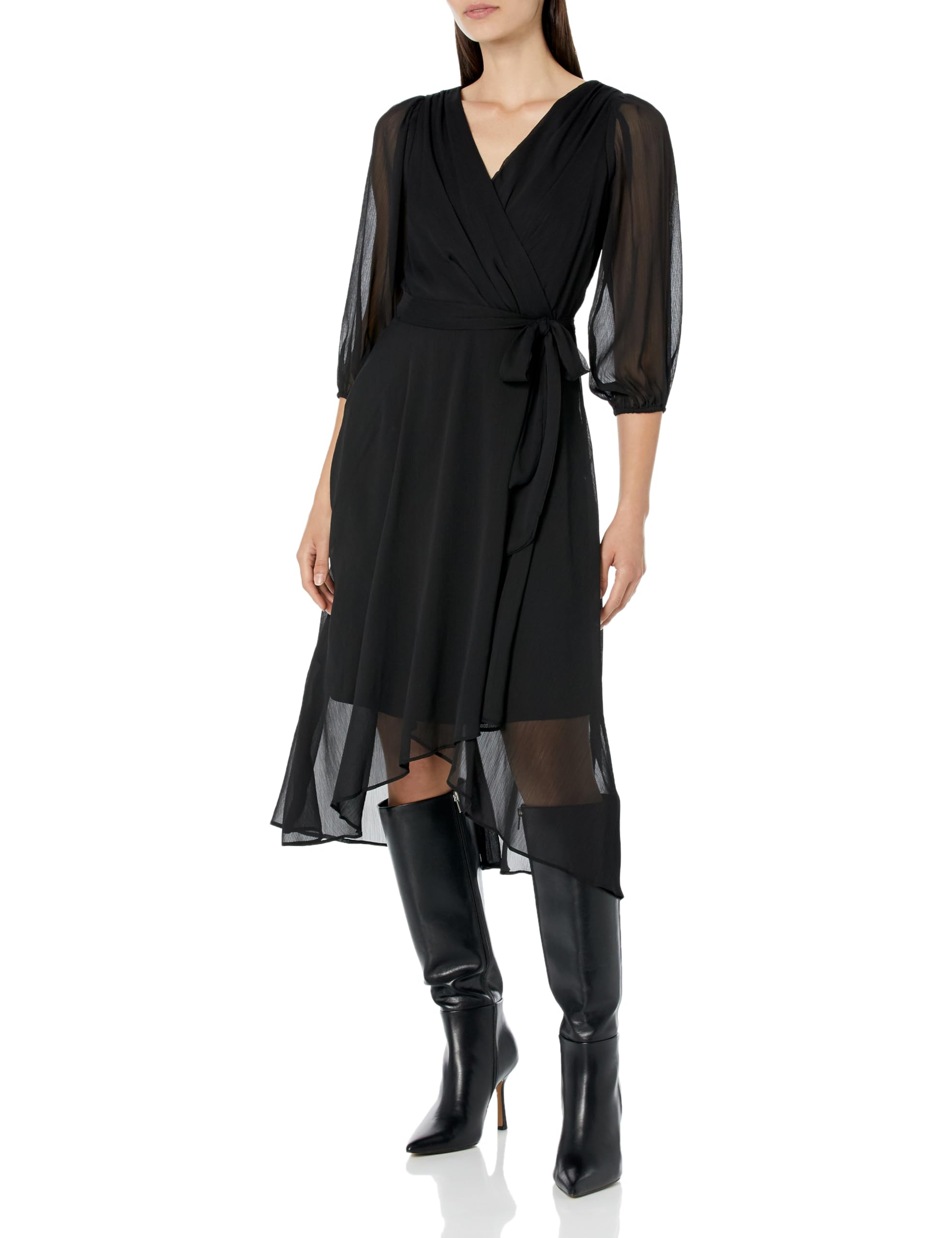 DKNY Women's Chiffon Balloon Sleeve Faux Wrap Midi Dress with High-Low Hem