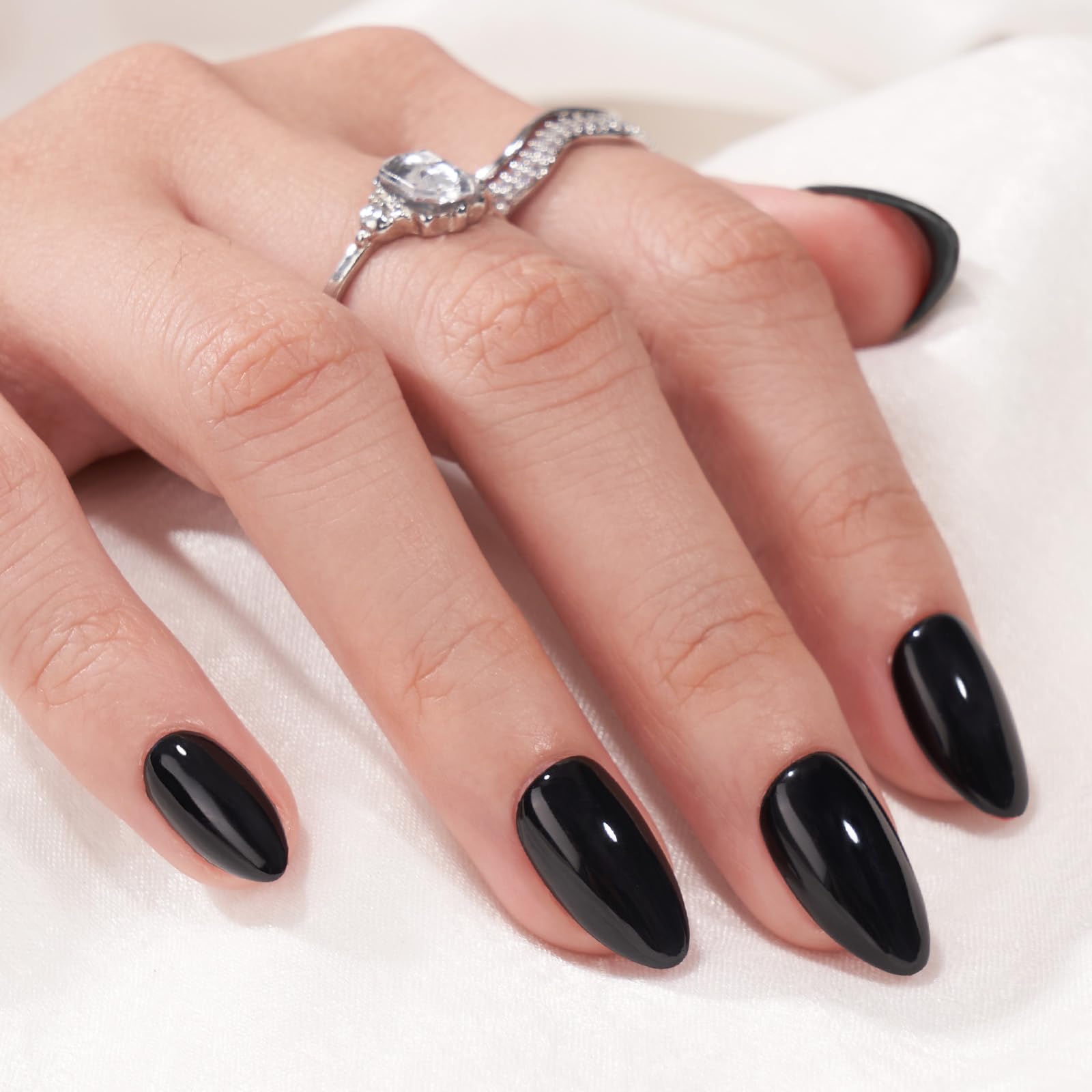 BTArtbox Press on Nails, Short Almond Black Fake Nails, 32Pcs Full Kit | Hallowe