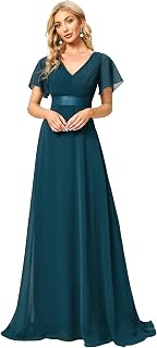 Ever-Pretty Long Evening Dress Double V Neck Ruffle Sleeves