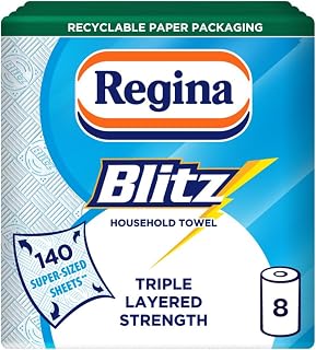 Regina Blitz, 8 Rolls of Household Towel, 3-Ply | 70 Sheets Per Roll, Recyclable-Paper Packaging, FSC Certified Paper, 60% Larger Than Standard Kitchen Roll Sheets