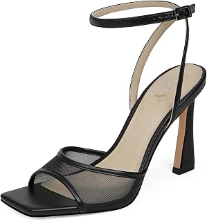 QIY Womens Heels Black Strappy Mesh Heels 3 Inch Stiletto High Heel Open Square Toe Heel Faux Leather Black Heeled Sandals Wedding Dress Shoes 8.5