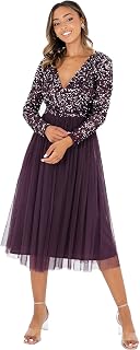 Maya Deluxe Maya Faux Warp Front Embellished Midi Dress Bridesmaid Dress for Women