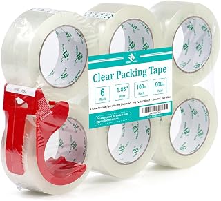 BOMEI PACK Packing Tape, Mailing & Storage Tape Clear, 1.88" x 100m, 6 Rolls with Hand-held Dispenser