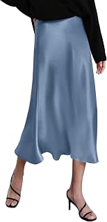 Zeagoo Women's High Waist Solid Satin Midi Skirt Dress Zipper Elegant Summer Skirts