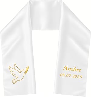 Baby/Child Christening Stole Personalised First Name Date – White Satin Embroidery Handmade 85 x 15 cm – Religious Ceremony – Girl Gift