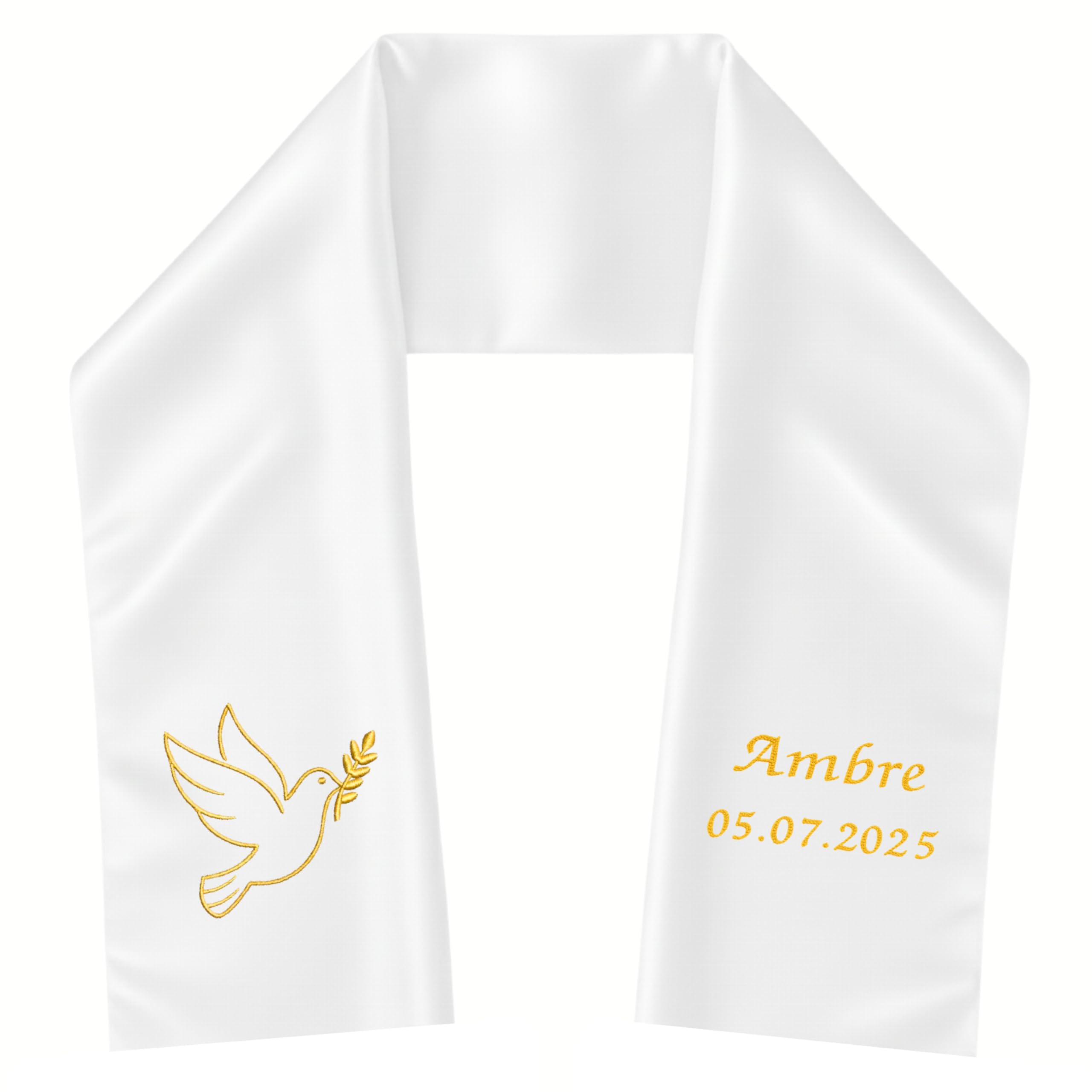 Baby/Child Christening Stole Personalised First Name Date – White Satin Embroide