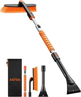 AstroAI 46" Extendable 2-in-1 Snow Brush &amp; Ice Scrapers for Car Windshield | Snow Removers with 360° Pivoting Head, No-Scratch Bristles, EVA Comfortable Grip, Storage Bag for All Vehicle Models (Orange)