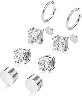 Trinckle Clip on Earrings, 4 Pairs Magnetic Earrings for Men Women | Stainless Steel Magnet Studs, Hypoallergenic Fake Ear Cuffs, Cubic Zirconia Non Piercing Jewelry Set, Aritos Para Hombre