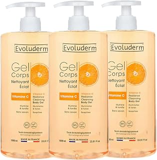 EVOLUDERM – Vitamin C Radiance Cleansing Body Gel – 1000 ml – 97% Natural Origin – Vegan – Made in France – Pack of 3 x 1000 ml