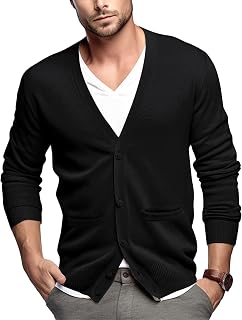 QUALFORT Men's Cardigan with Pockets Button Down Casual Slim Fit V-Neck 100% Cotton