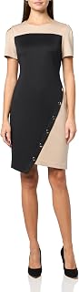 Tommy Hilfiger Women's Short Sleeve Jewel Neck Colorblock Studded Asymmetrical Hem Crepe Mini Dress