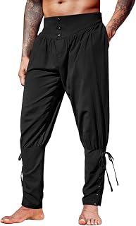 Runcati Mens Medieval Ankle Pants Renaissance Viking Linen Costume Trousers | Pirate, Lace Up, Tapered, Halloween, Two Side Pockets, Elastic Waist
