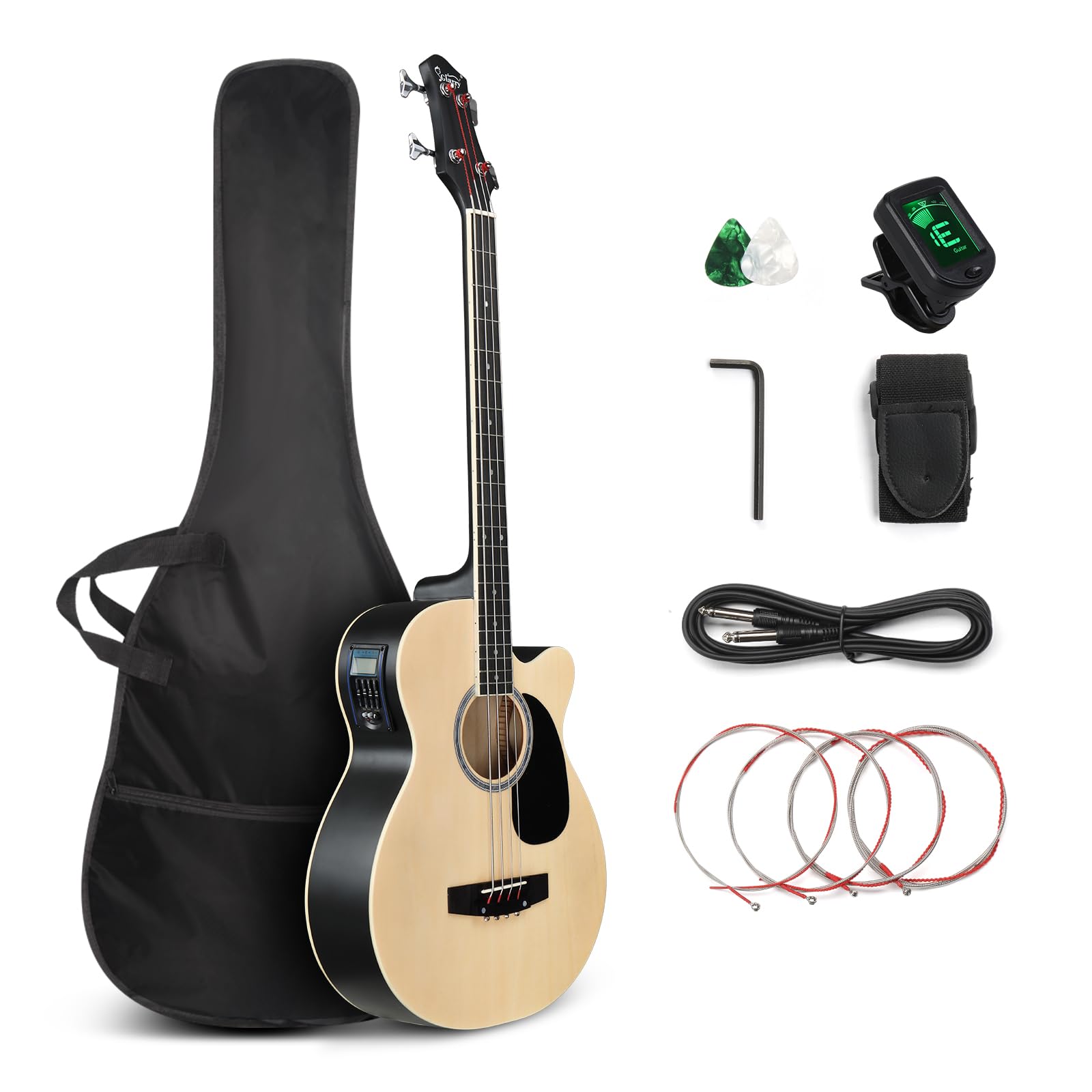 GLARRY Full Size Acoustic Electric Bass Guitar Beginner Kit, Cutaway 4 Strings E