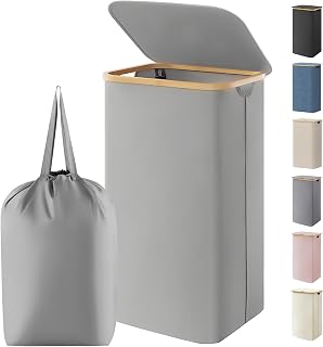 Lifewit 105L Laundry Basket with Lid, Foldable, Bamboo Handles, Silver Gray