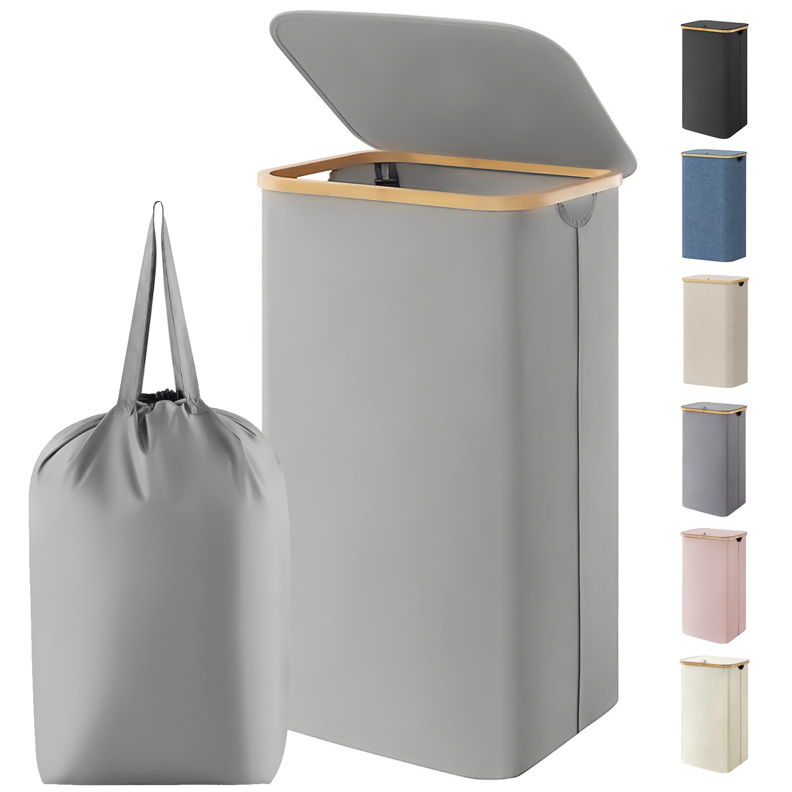 Lifewit 105L Laundry Basket with Lid, Foldable, Bamboo Handles, Silver Gray