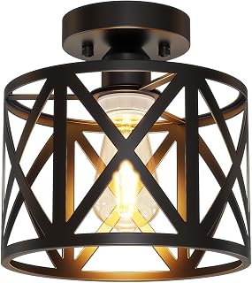 BLNAN Farmhouse Semi Flush Mount Ceiling Light Fixture E26 Metal Cage Industrial Ceiling Lighting for Kitchen, Bedroom, Foyer, Entryway, Laundry Room, Dining Room, Hallway 8 Inch Black