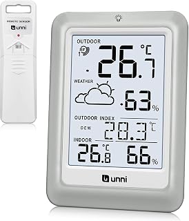 Indoor Outdoor Thermometer Wireless Weather Station Battery Powered with 100m Range Remote Sensor and Backlight Display (White Grey)