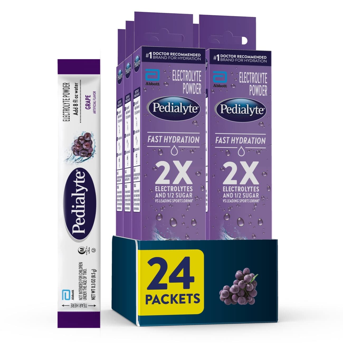 Pedialyte Fast Hydration Electrolyte Powder Packets, Grape, Hydration Drink, 24 