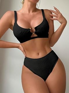 Women High Waist Ribbed Bikini Set Push Up Adjustable Straps Swimwear Two Piece Beach Pool Swimwear