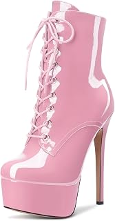 Aachcol Women Ankle Boots Short Bootie Platform Stiletto High Heel Round Toe Dress Shoes Lace-up Patent 6.5 Inch