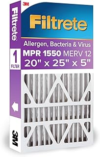 Filtrete 20x25x5 Air Filter, MERV 12, MPR 1550, 1 HVAC Filter | Allergen, Bacteria & Virus, 12-Month AC/Furnace Filters, Cleaner Air, Reliable Airflow, (Act. Size 19.56x24.13x4.75 in)