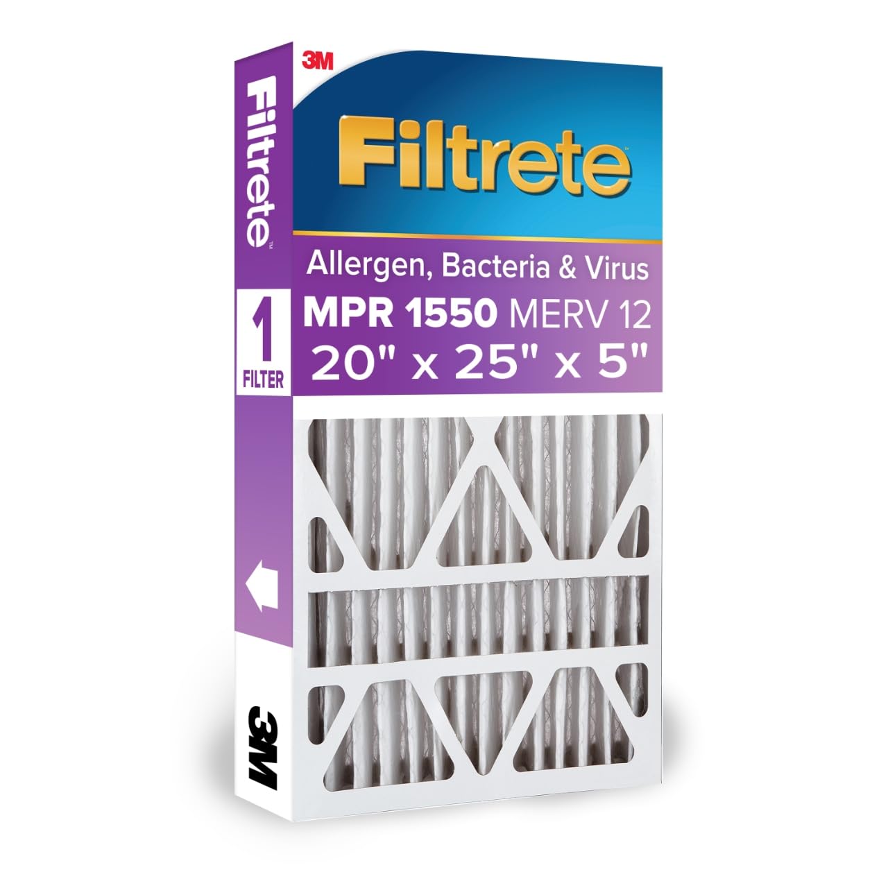 Filtrete 20x25x5 Air Filter, MERV 12, MPR 1550, 1 HVAC Filter | Allergen, Bacter