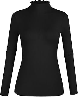 POPZONE Women Lettuce Trim Mock Neck Long Sleeve Ribbed Knit Tee Shirt Top