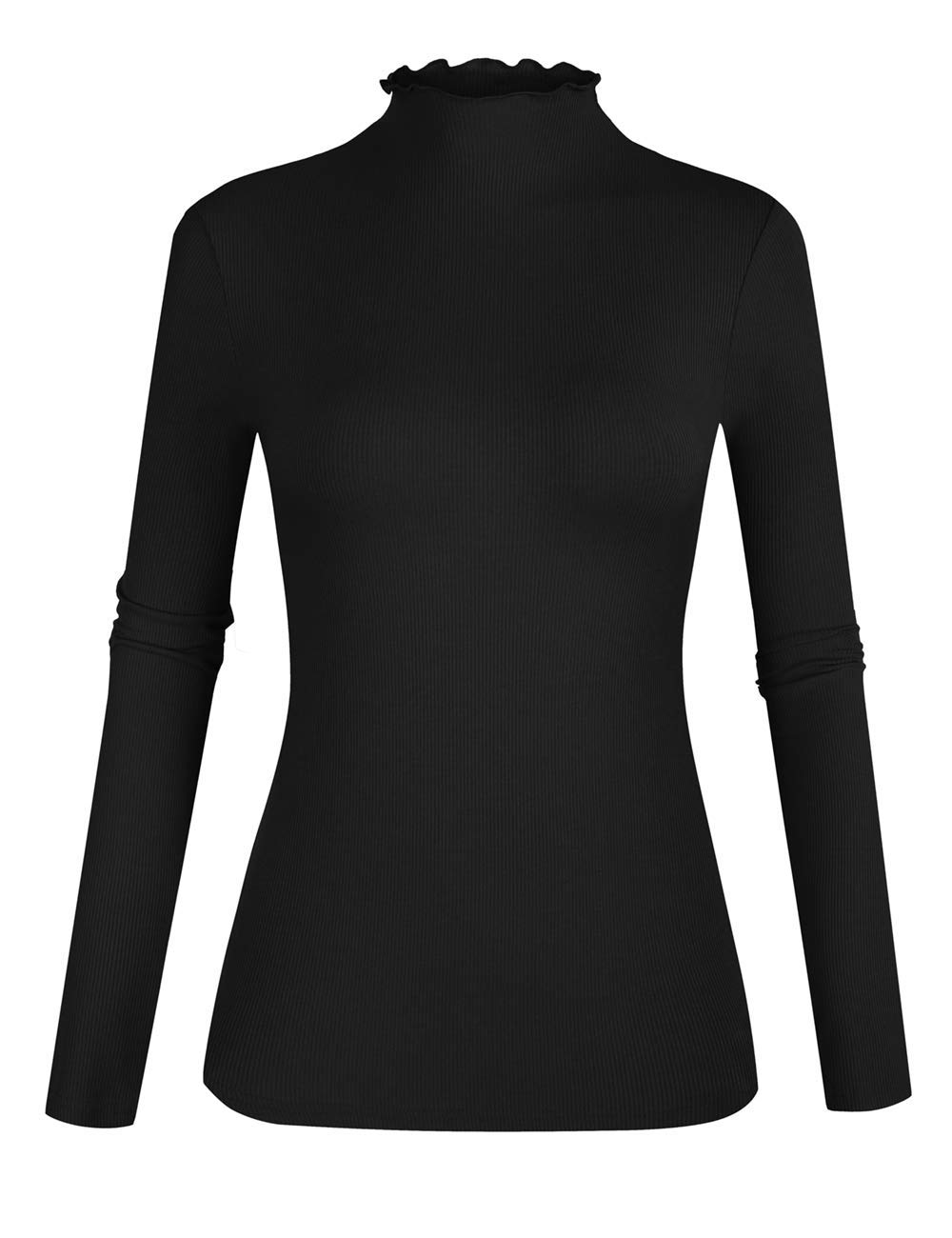POPZONE Women Lettuce Trim Mock Neck Long Sleeve Ribbed Knit Tee Shirt Top