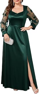 CYCLAMEN Plus Size Formal Satin Maxi Dress 3D Flora Square Neck Slit Dresses Cocktail Wedding Guest Gala Evening Gowns