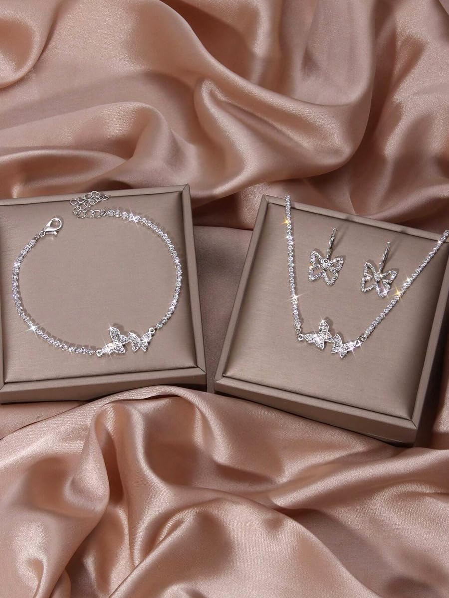 Silver Jewelry for Women, Drop Necklace and Stud Earrings, Elegant Ladies Access